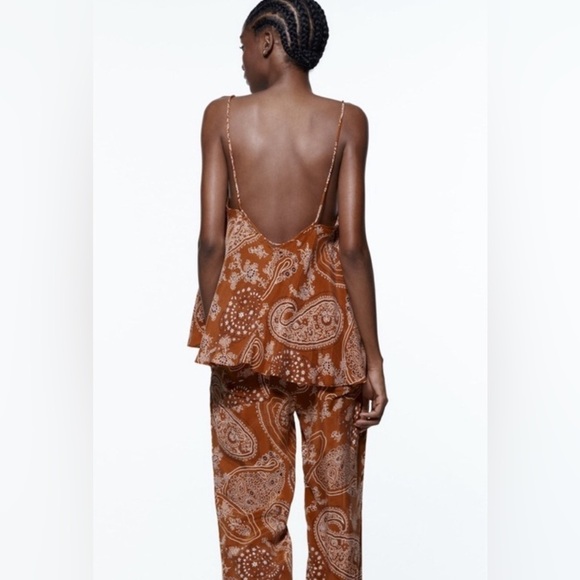 NWT ZARA Printed Boho Camisole Flowy Top in Brown & White Sz L - Picture 2 of 10